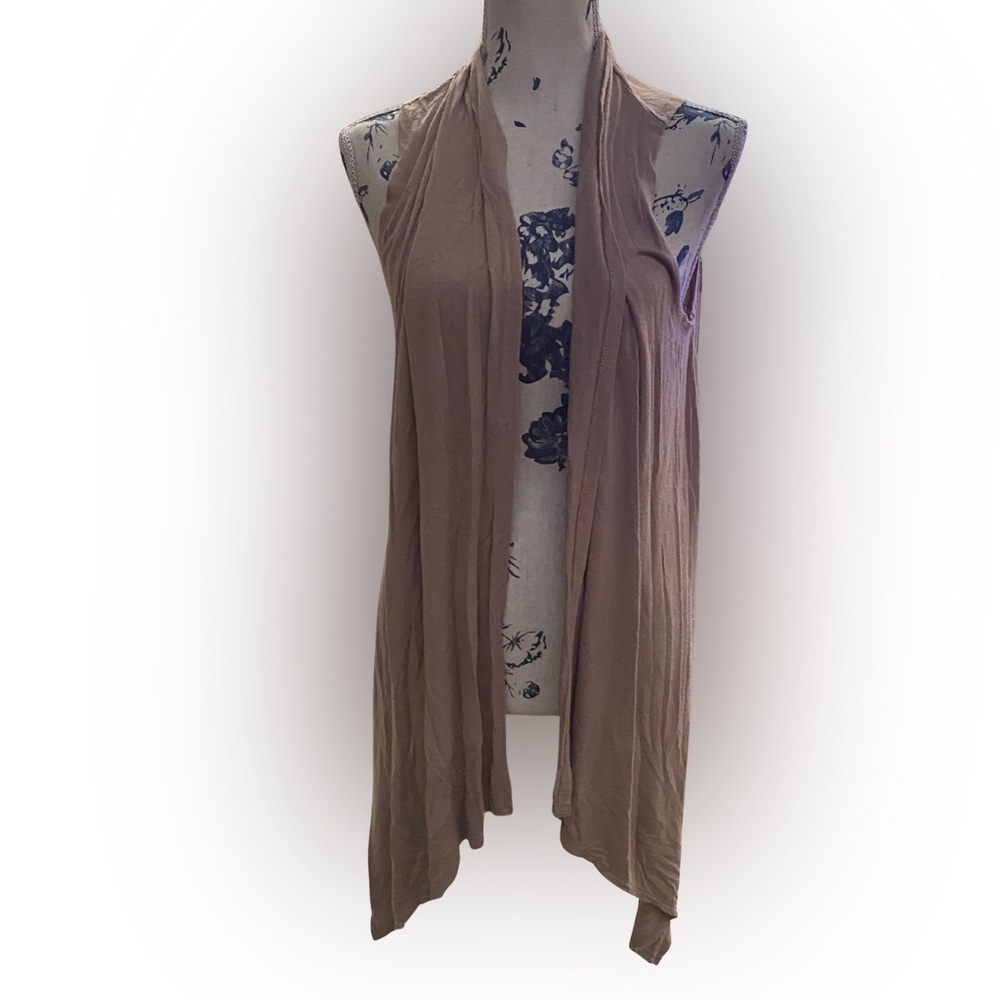 EUC Tan Jersey Knit Long Cardigan Vest – Asymmetrical Hem, Draped, Lightweight